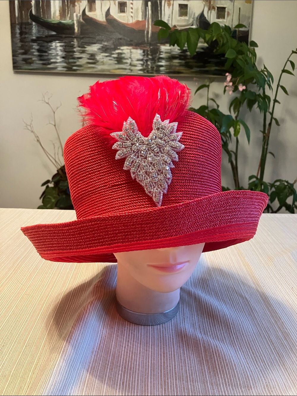 Elegant Red Straw Hat with Feather and Silver Rhinestone Beaded Accent